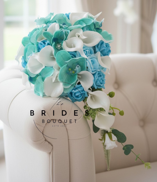 aqua blue and turquoise rose and orchid silk bridal teardrop bouquet flowers for uk weddings florists choice