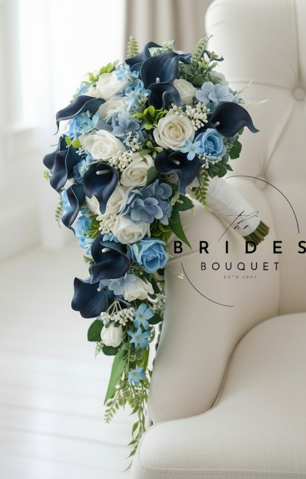 bridal tear bouquet of blue calla lily and silk roses uk wedding flowers designers choice