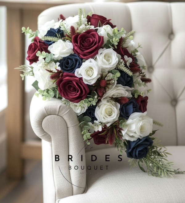 burgundy and navy blue silk wedding teardrop bouquet silk bridal flowers florists choice