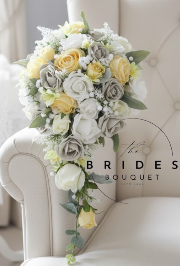 lemon yellow and silver grey silk artificial wedding teardrop bouquet florists choice
