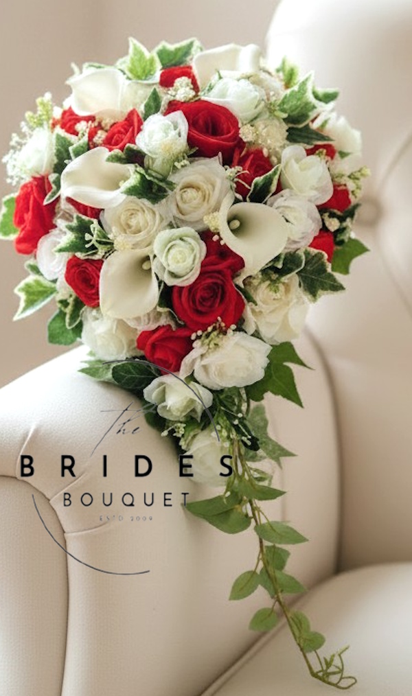 red and ivory silk rose foliage wedding teardrop bouquet florists choice bridal flowers uk silk cascade bridal bouquet red and ivory example