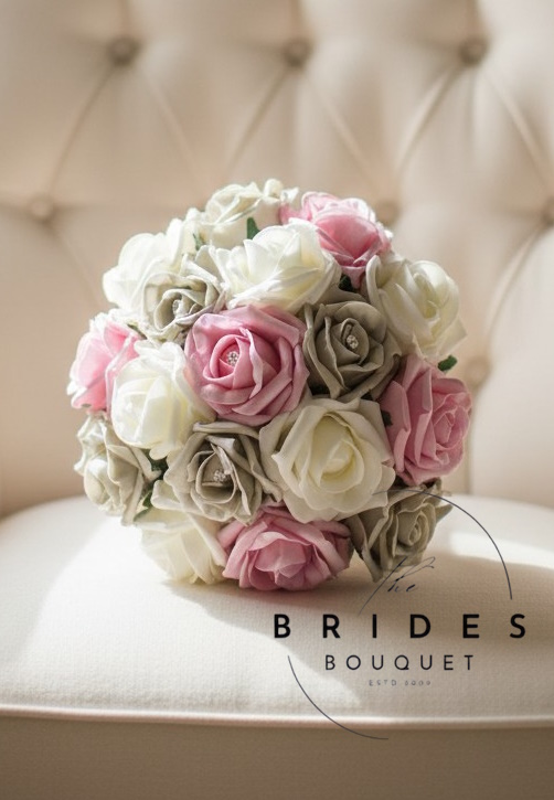 bridesmaids bouquets of any 3 colour roses vintage pink silver grey and ivory faux roses