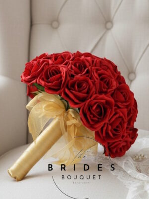 dark red artificial rose wedding bouquet bridal posy with gold ribbon handle