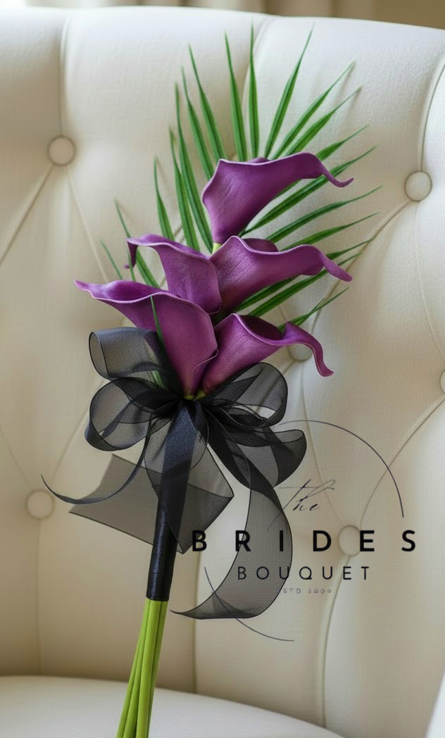 modern overarm artificial calla lily wedding bouquet detsination weddings purple lilies