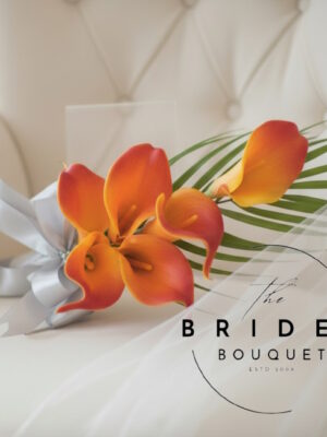 Modern overarm wedding bouquet made with artificial real touch calla lilies