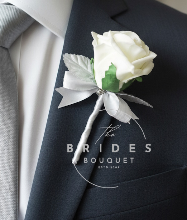 artificial rose and silver leaf wedding buttonholes custom colour rose and ribbon silver leaf grooms rose wedding corsage