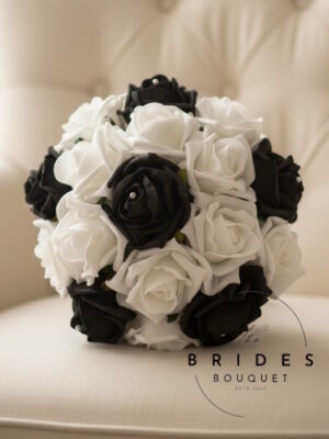 Black rose bridesmaid bouquet with artificial black and white roses