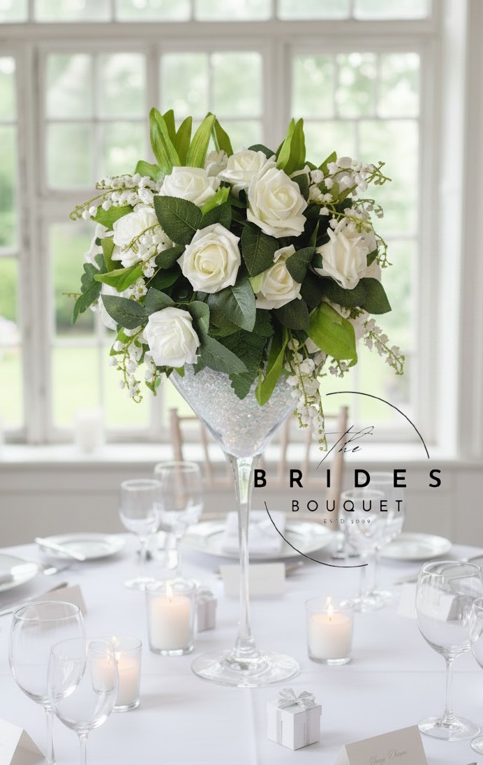 wedding venue flowers martini bowl arrangements any colour bridal decorations for tables Martini glass wedding flower arrangement with artificial roses in wedding colour