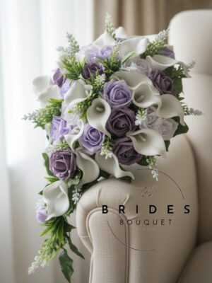 Artificial teardrop bridal bouquet with roses, astilbe, and real-touch calla lilies