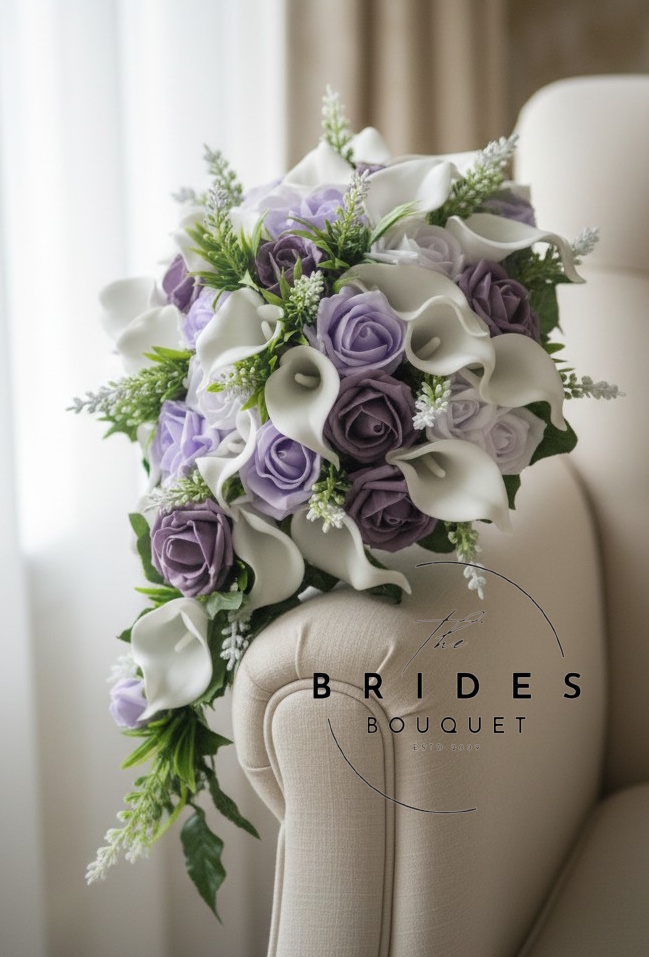 artificial wedding tear bouquets calla lily astilbe and roses Artificial teardrop bridal bouquet with roses, astilbe, and real-touch calla lilies