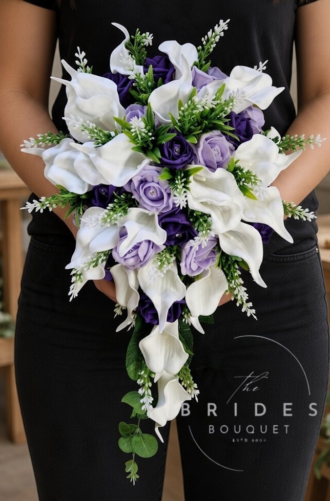 purple and lilac teardrop artificial wedding bouquet with calla lily and astilbe