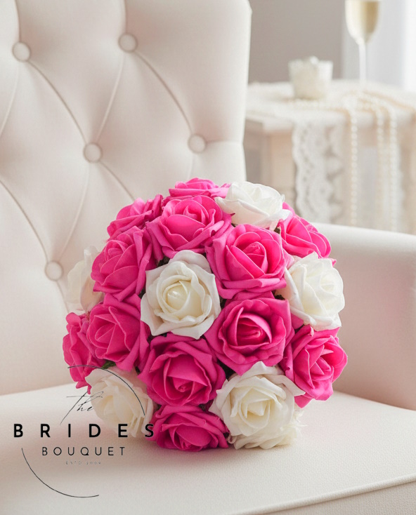 bridesmaid bouquets of 2 colour roses hot pink ivory version wedding flowers for bride or bridesmaids uk faux flower artificial wedding bouquets medium size foam rose bridal flowers any rose colours bridesmaids brides