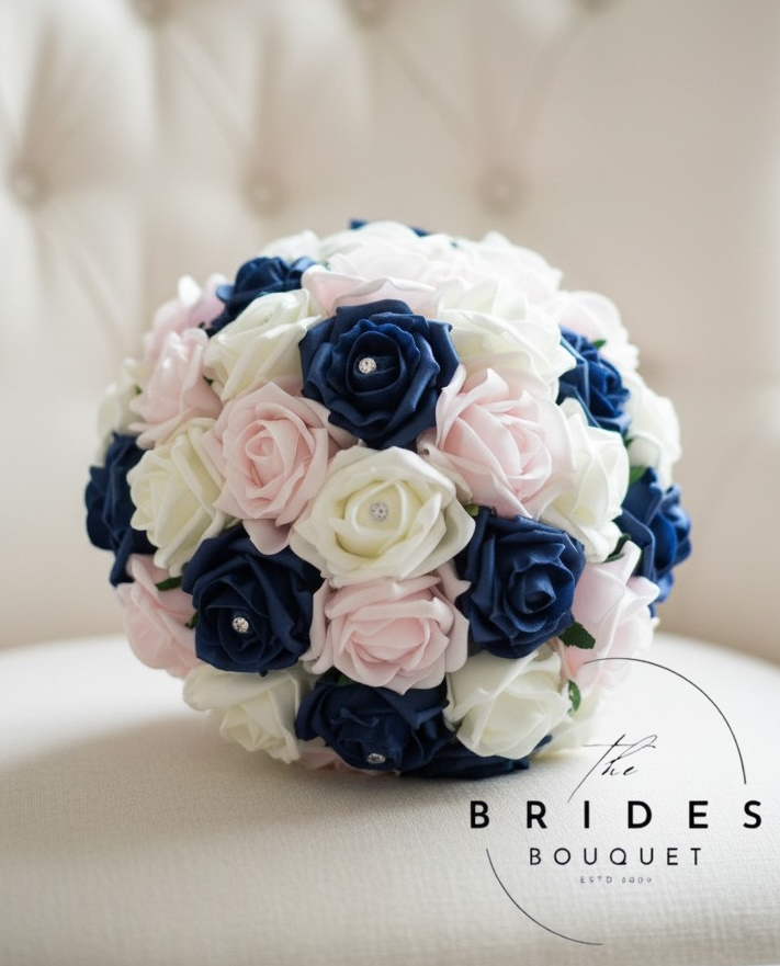 Pink and navy artificial rose wedding bouquet with colourfast foam roses