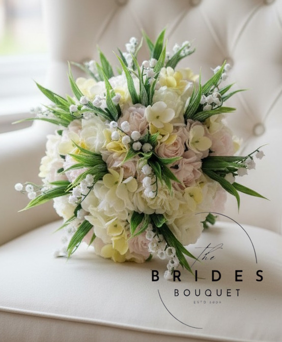 blush pink and lemon themed wedding bouquet roses lily of the valley lemon hydrangea artificial bridal flowers Artificial bridal bouquet with ivory and blush roses, lemon hydrangea and lily of the valley