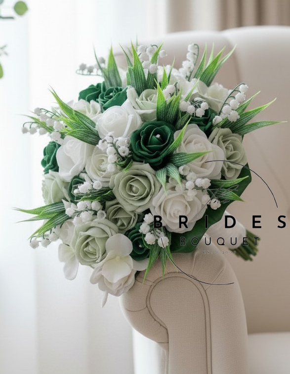 bridal tear bouquet of green roses with lily of the valley and hydrangea emerald and sage faux roses Bridal posy bouquet with emerald green and sage roses and lily of the valley