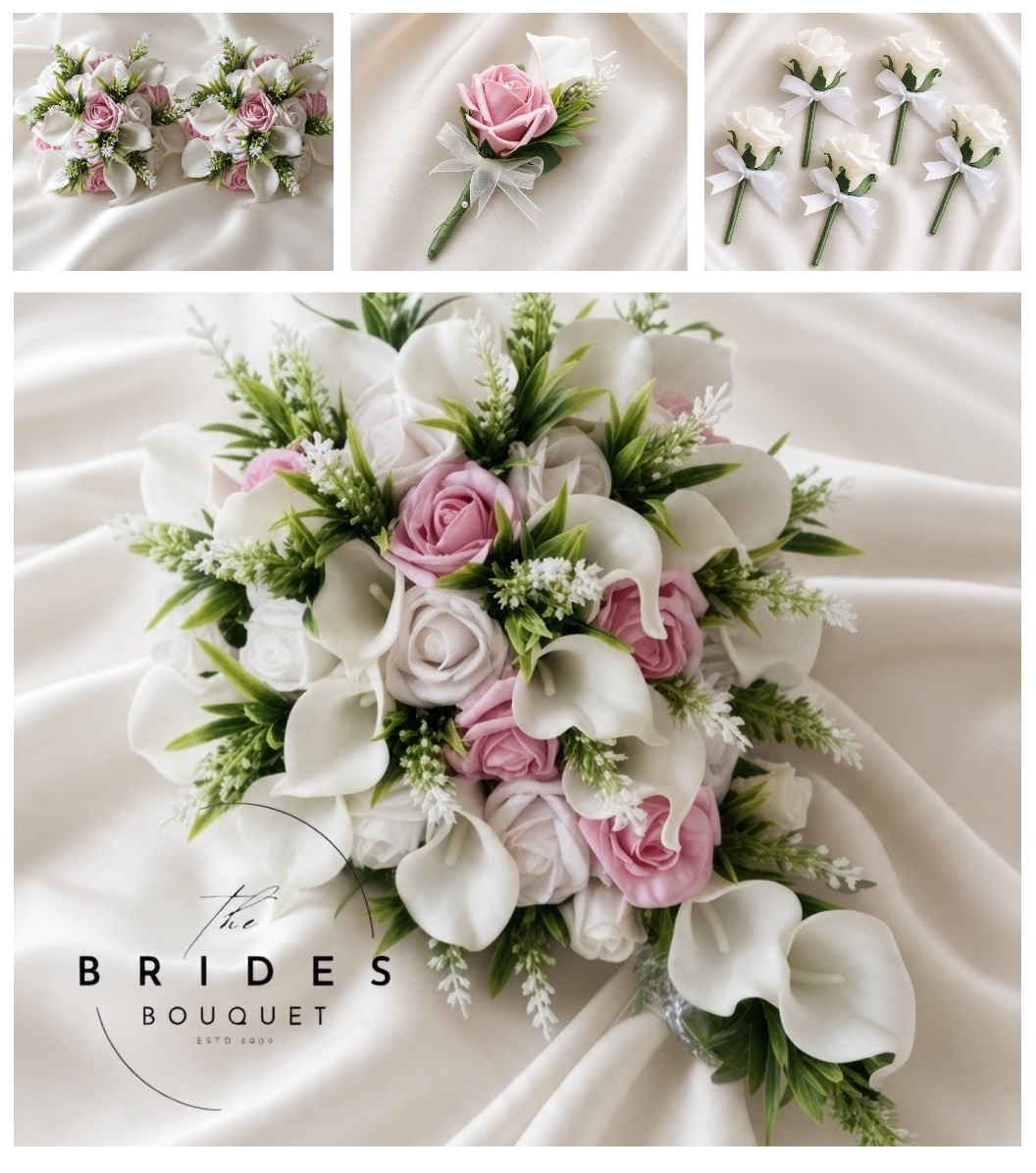 calla lily rose and astilbe bridal flower package with brides tear bridesmaids bouquets and buttonholes artificial wedding flower package faux wedding flowers by the brides bouquet uk