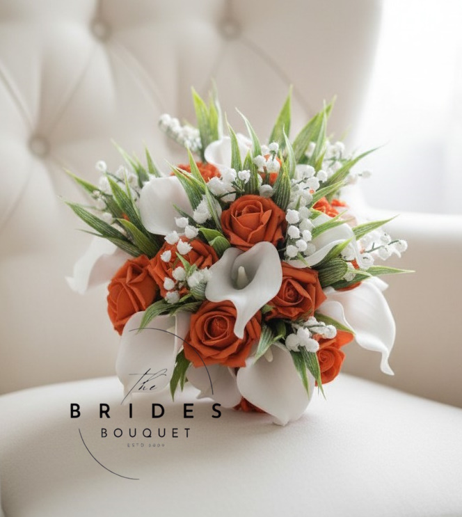 orange artificial rose wedding bouquet with calla lily and lily of the valley