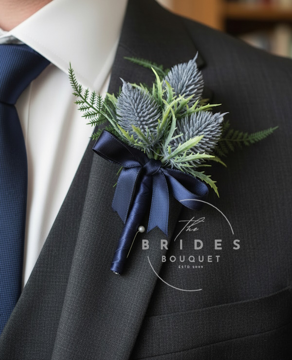 scottish wedding buttonhole blue thistles and foliage grooms buttonholes