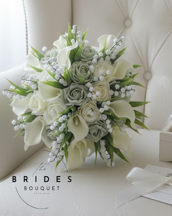artificial bridal bouquet of roses and calla lily with lily of the valley sage green and ivory example