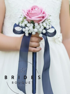 Artificial rose and gypsophila flower girl wand bouquet with ribbon bow