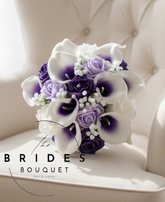 artificial wedding bouquets of purple centred calla lily with purple and lilac roses with baby breath artificial flowers uk