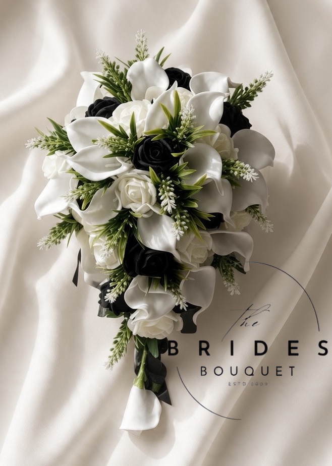 black and white bridal cascade bouquet teardrop tear with calla lilies roses and astilbe black and white theme