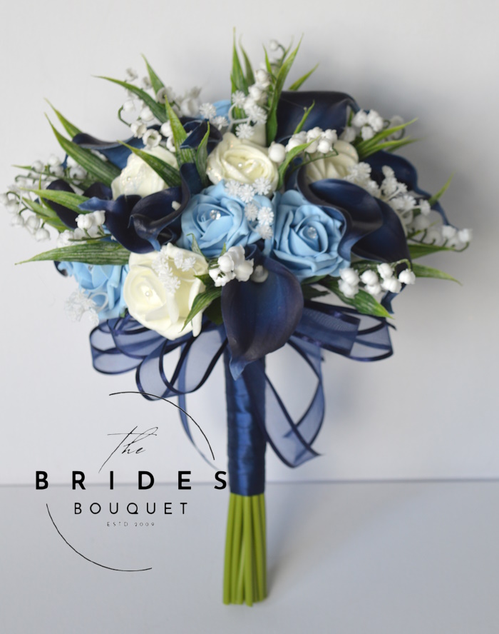 blue calla lily and rose wedding bouquet with lily of the valley and baby breath