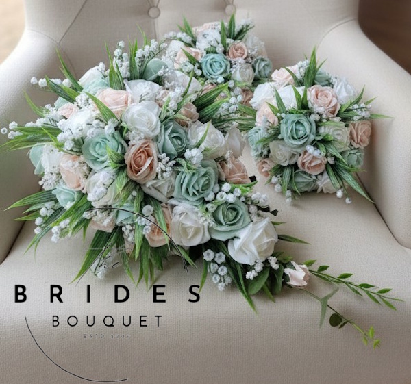bridal flower package teardrop wedding bouquet with bridesmaids and buttonholes roses lily of the valley