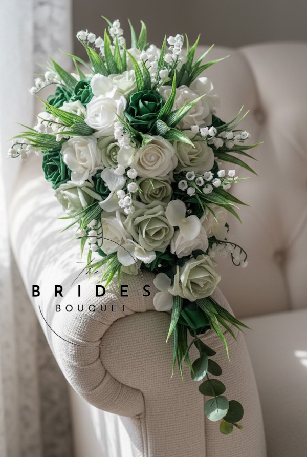 bridal tear bouquet featuring emerald green and sage artificial roses with lily of the valley