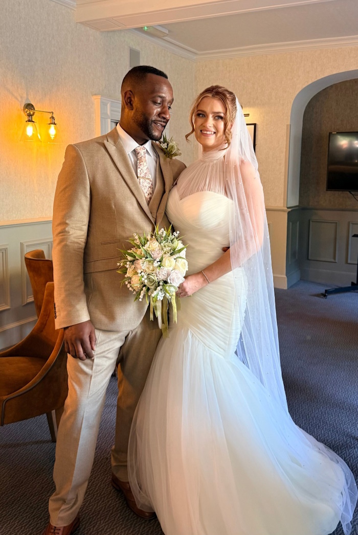 bride and groom with real life wedding photo danielle bridal bouquet by the brides bouquet uk