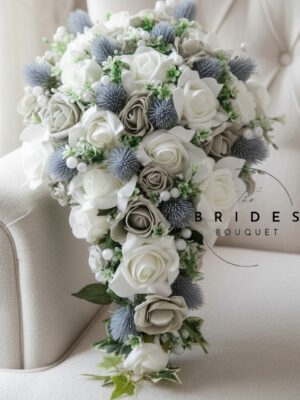 Scottish thistle wedding bouquet with roses foliage and tartan ribbon option