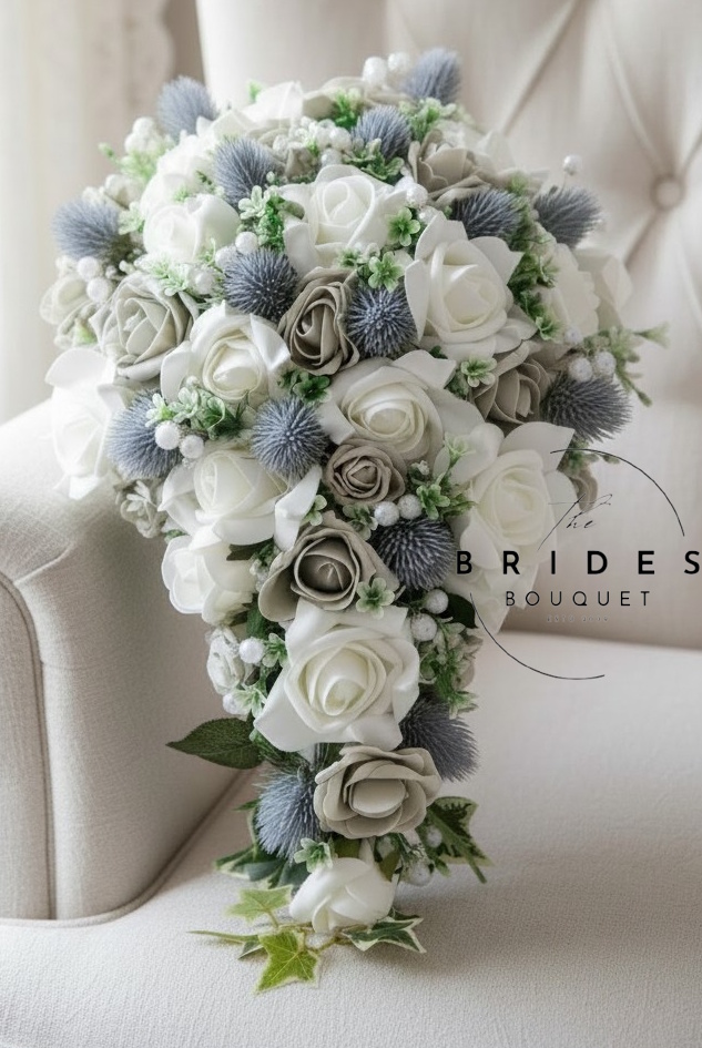 brides teardrop bouquet of scottish thistles with roses and foliage cascade bouquets of artificial flowers uk Scottish thistle wedding bouquet with roses foliage and tartan ribbon option