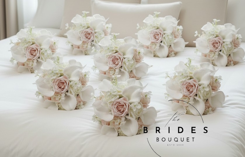 bridesmaid bouquets of calla lily roses and baby breath mocha ivory baby pinkversion