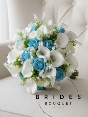 Artificial astilbe wedding bouquet with calla lilies roses and gypsophila