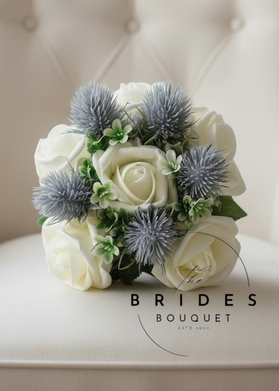 flower girl bouquets of artificial roses with blue thistles wedding flowers uk