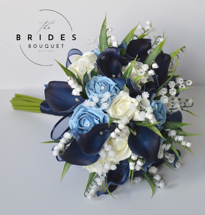 navy blue calla lily wedding bouquet with roses and lily of the valley artificial bridal flowers uk