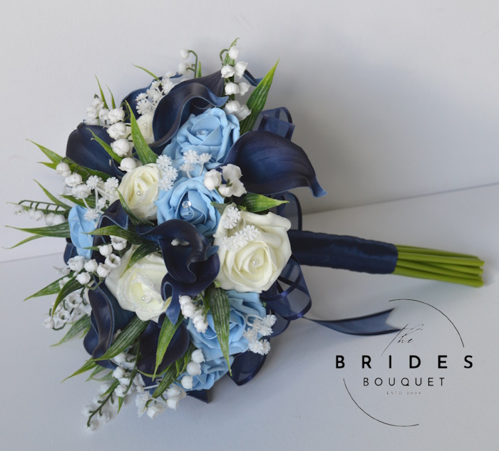 navy calla lily bridal bouquet with roses and lily of the valley