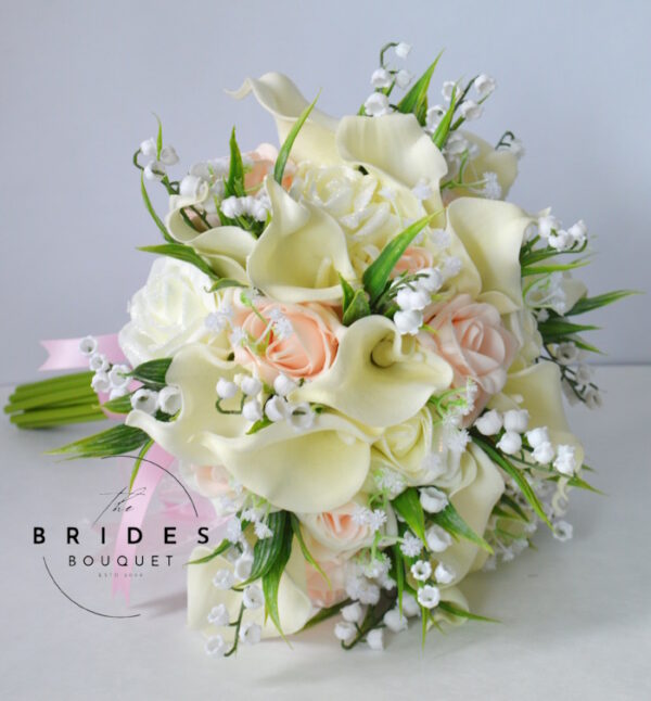 brides bouquet faux flowers with ivory calla lily and pink blush roses beautiful bouquets