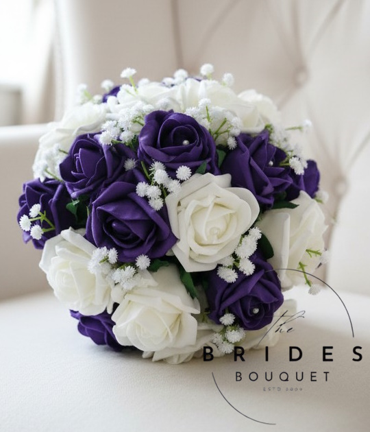 purple and ivory bridesmaids bouquet of roses with baby breath gyp