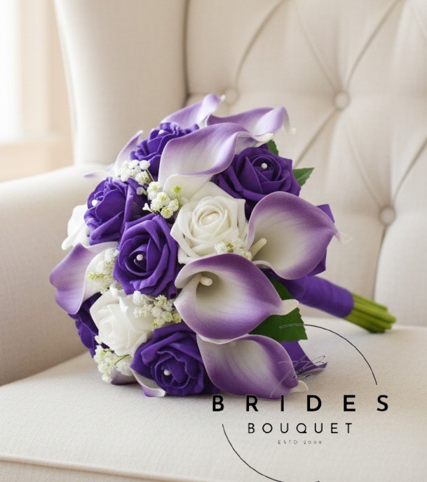 purple and white themed bridal bouquet bridesmaid bouquets roses calla lily and gyp