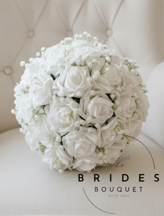 white artificial rose wedding bouquet with baby breath gypsophila