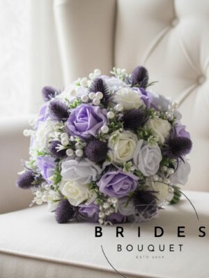 Purple thistle wedding bouquet with roses and gypsophila artificial bridal flowers