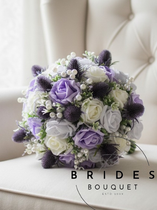 purple thistle wedding bouquets with roses any colour bridal flowers artificial uk Purple thistle wedding bouquet with roses and gypsophila artificial bridal flowers