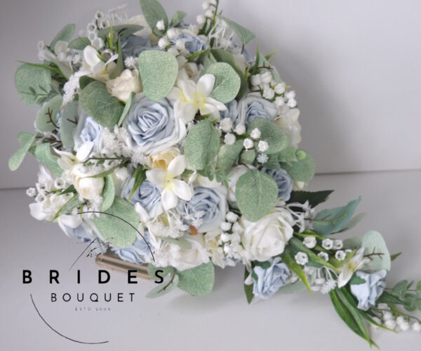 dusty blue silk wedding bouquet bridal teardrop florists choice silk flowers
