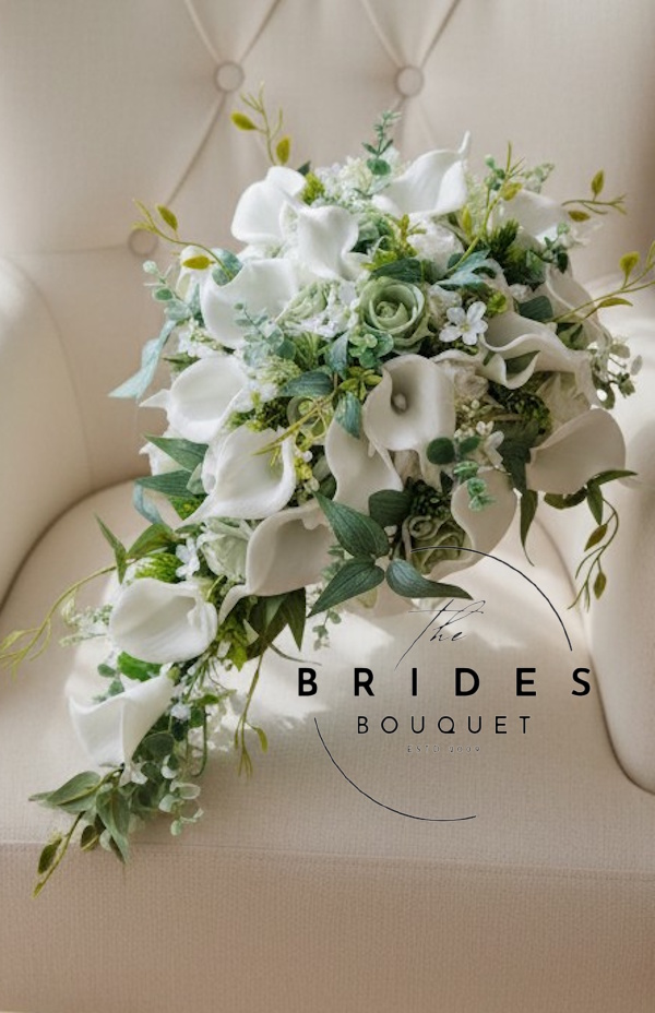 florists choice wedding bouquet teardrop with sage and white flowers uk