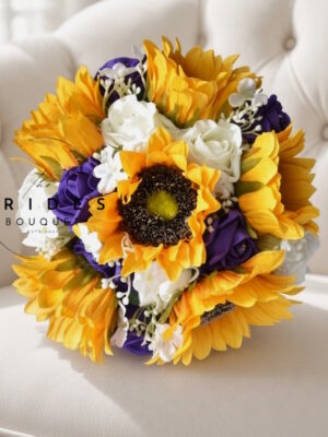 Artificial sunflower, rose and gypsophila bridesmaid bouquet with personalised rose colours and ribbon