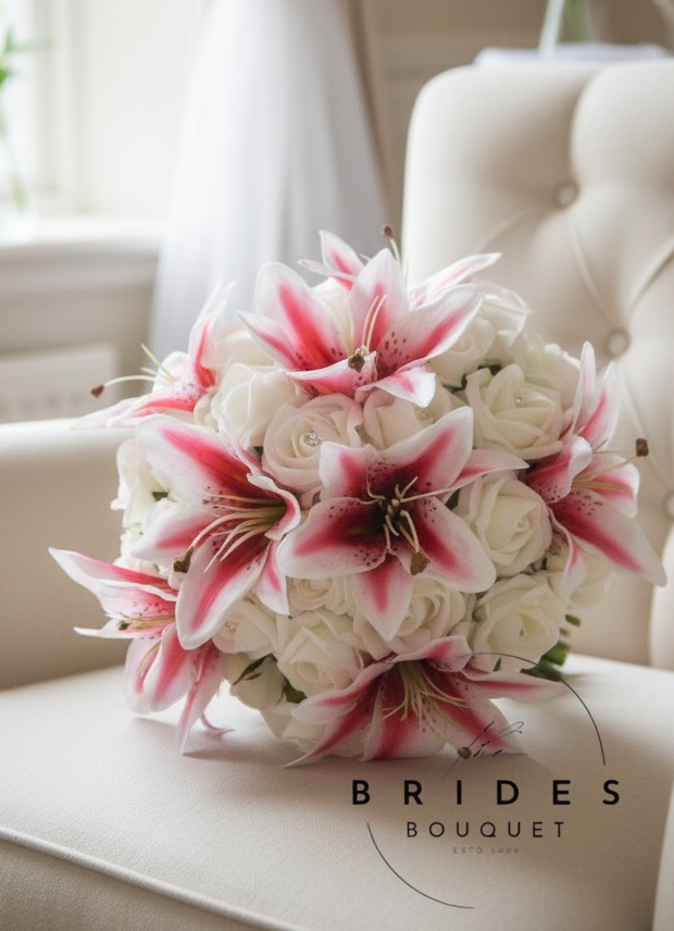 stargazer lily and rose wedding bouquets pink red silk lilies with artificial roses uk