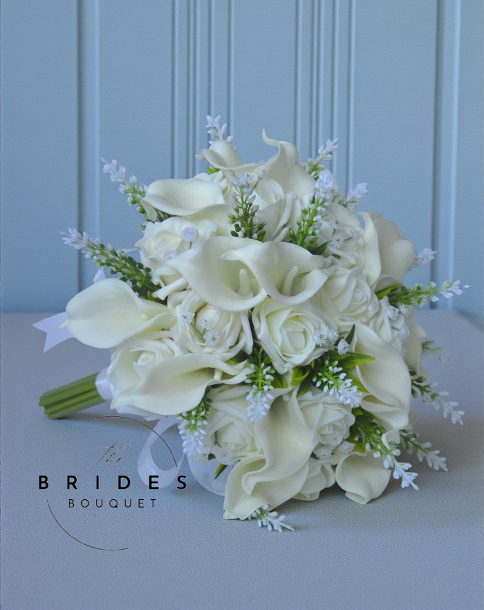 bridal posy bouquet in ivory flowers calla lily roses and astilbe fake flowers for bride to be Modern bridal bouquet with calla lily and roses