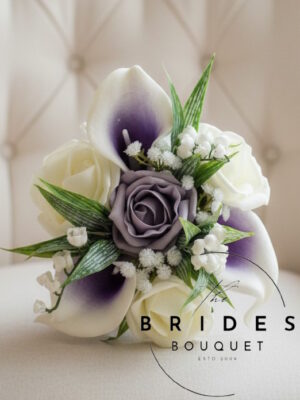 Artificial flower girl bouquet with roses calla lily and lily of the valley