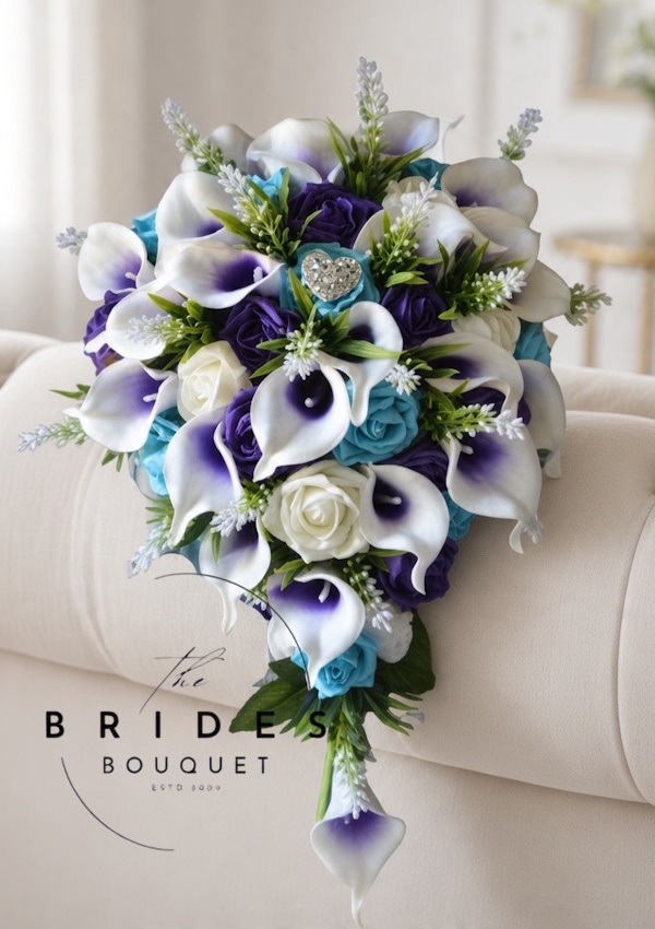 peacock themed bridal tear bouquet any colour rose calla lily purple turquoise astilbe